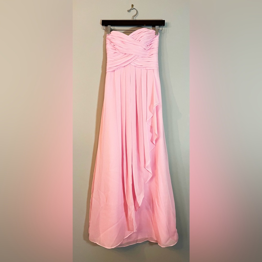David’s Bridal Pink Strapless Crinkle Chiffon Dress With Cascade Skirt